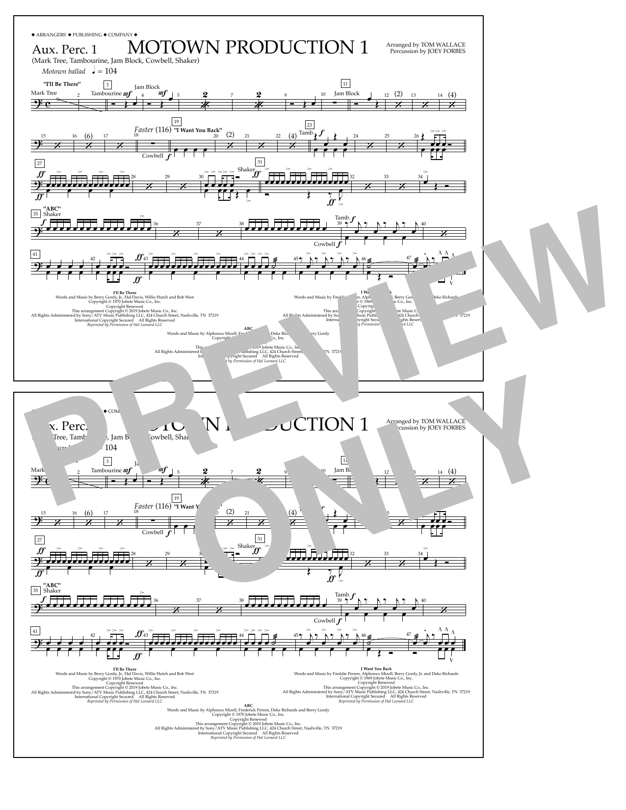 Jackson 5 Motown Production 1(arr. Tom Wallace) - Aux. Perc. 1 sheet music notes and chords arranged for Marching Band
