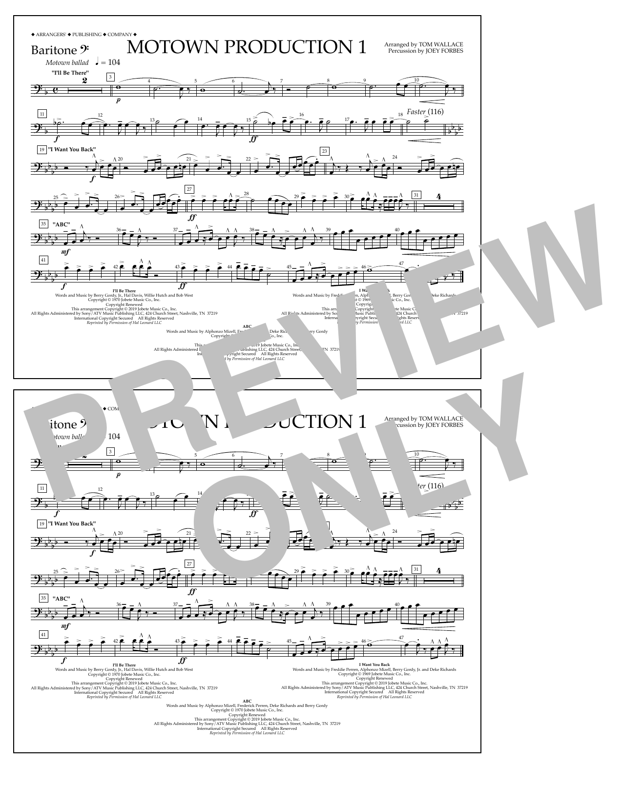 Jackson 5 Motown Production 1(arr. Tom Wallace) - Baritone B.C. sheet music notes and chords arranged for Marching Band