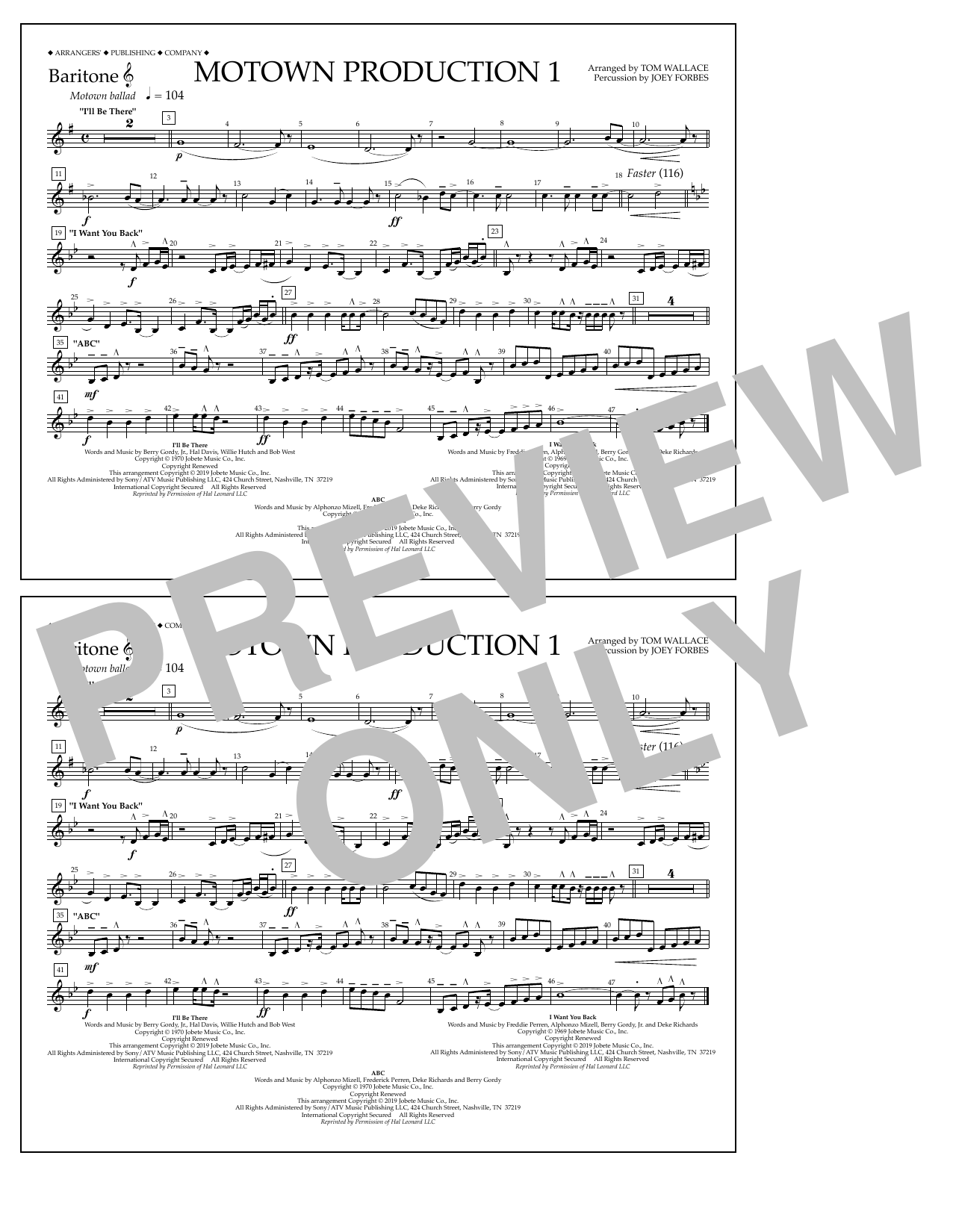 Jackson 5 Motown Production 1(arr. Tom Wallace) - Baritone T.C. sheet music notes and chords arranged for Marching Band