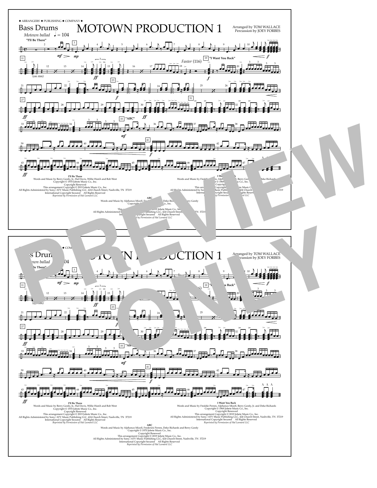 Jackson 5 Motown Production 1(arr. Tom Wallace) - Bass Drums sheet music notes and chords arranged for Marching Band
