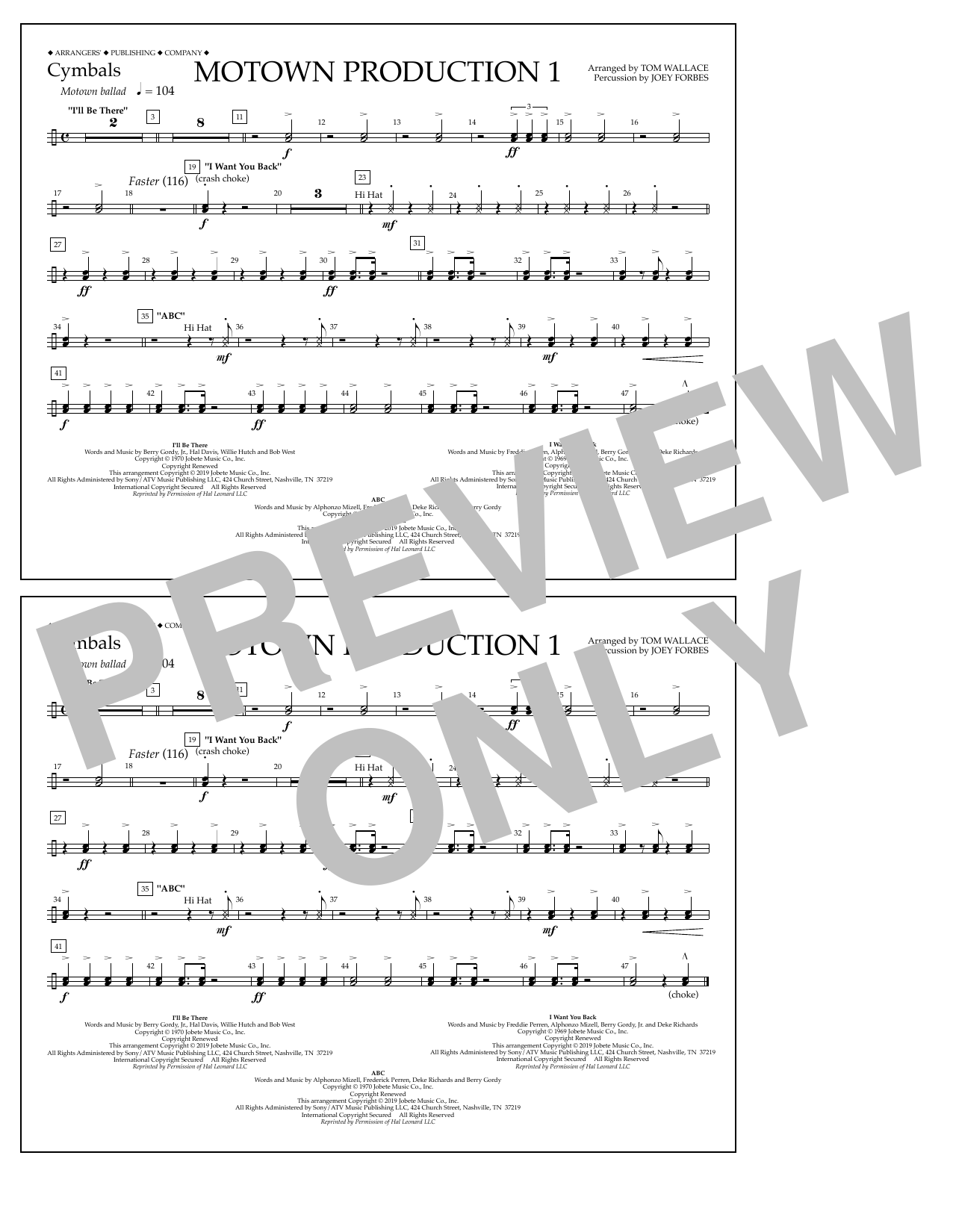 Jackson 5 Motown Production 1(arr. Tom Wallace) - Cymbals sheet music notes and chords arranged for Marching Band