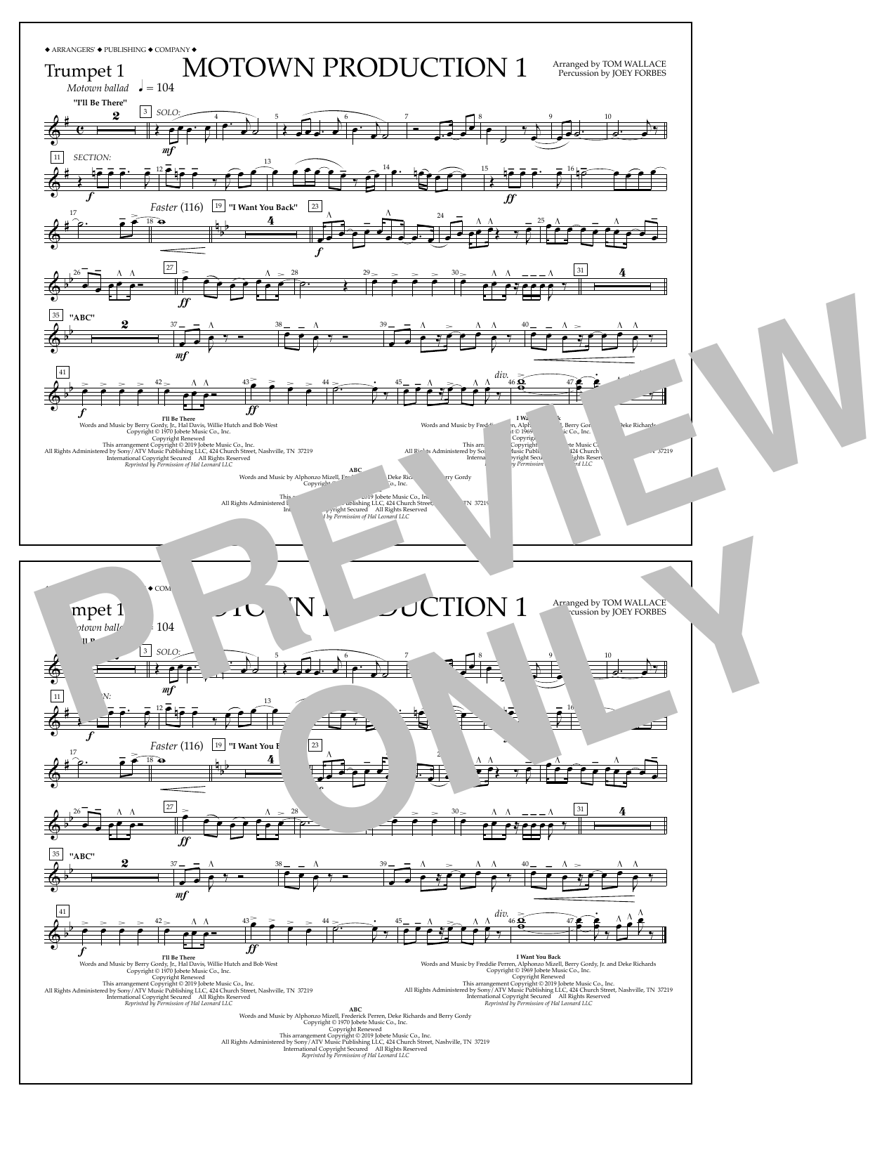 Jackson 5 Motown Production 1(arr. Tom Wallace) - Trumpet 1 sheet music notes and chords arranged for Marching Band