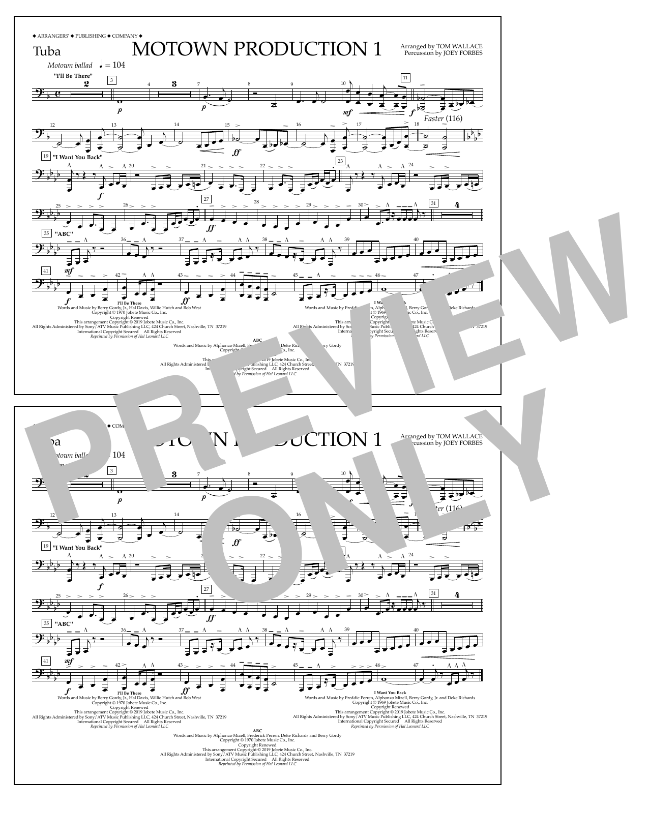 Jackson 5 Motown Production 1(arr. Tom Wallace) - Tuba sheet music notes and chords arranged for Marching Band