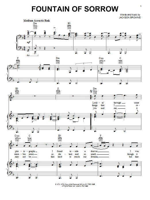 Jackson Browne Fountain Of Sorrow sheet music notes and chords arranged for Piano, Vocal & Guitar Chords (Right-Hand Melody)