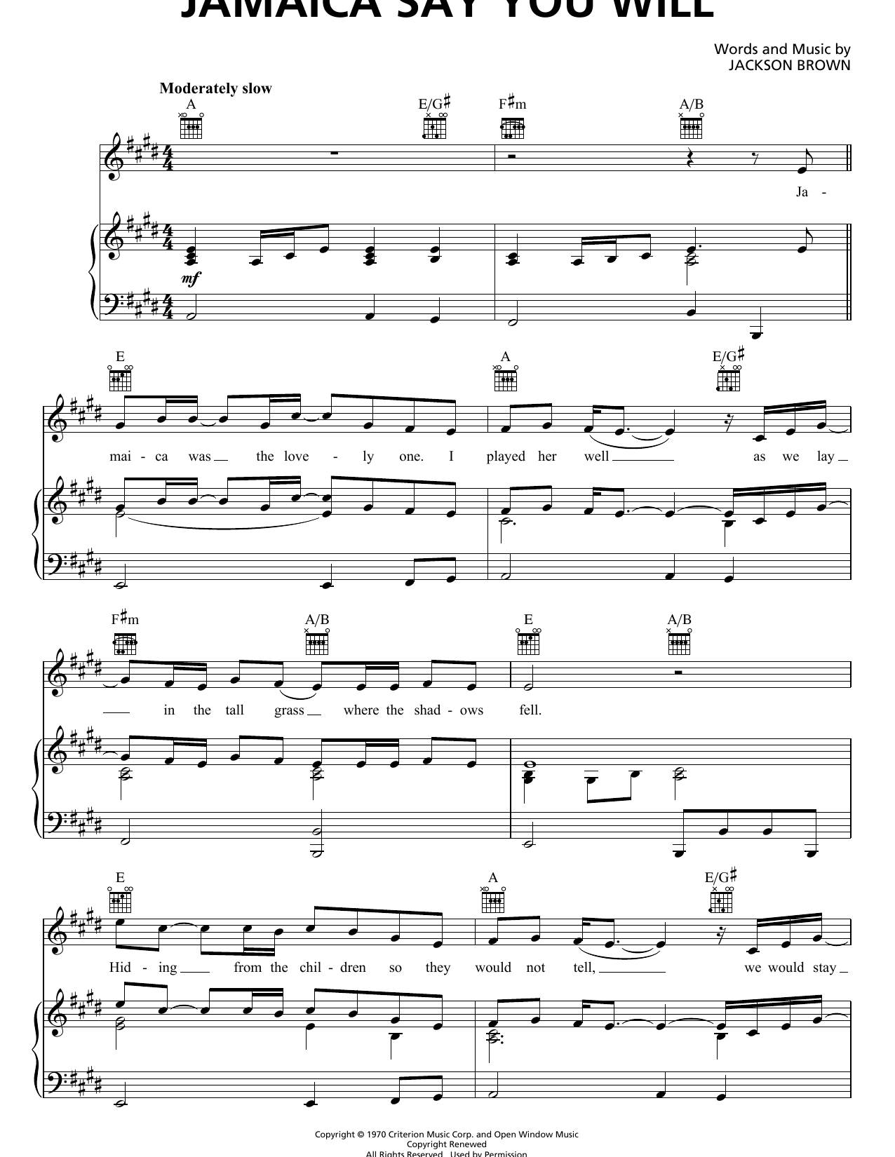 Jackson Browne Jamaica Say You Will sheet music notes and chords arranged for Piano, Vocal & Guitar Chords (Right-Hand Melody)