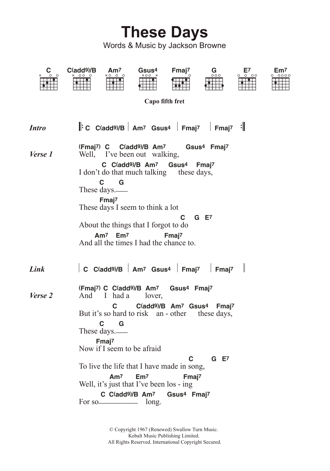 Jackson Browne These Days sheet music notes and chords arranged for Guitar Chords/Lyrics