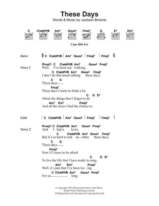 Jackson Browne These Days sheet music notes and chords arranged for Guitar Chords/Lyrics