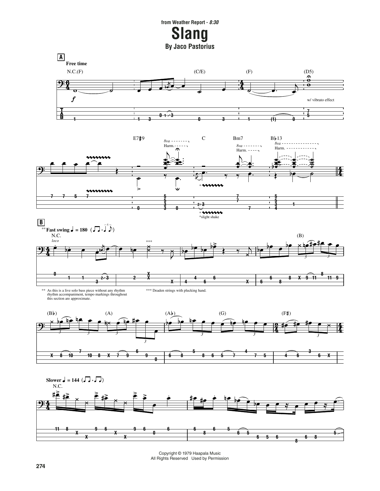 Jaco Pastorius & Rashid Ali Slang sheet music notes and chords arranged for Bass Guitar Tab