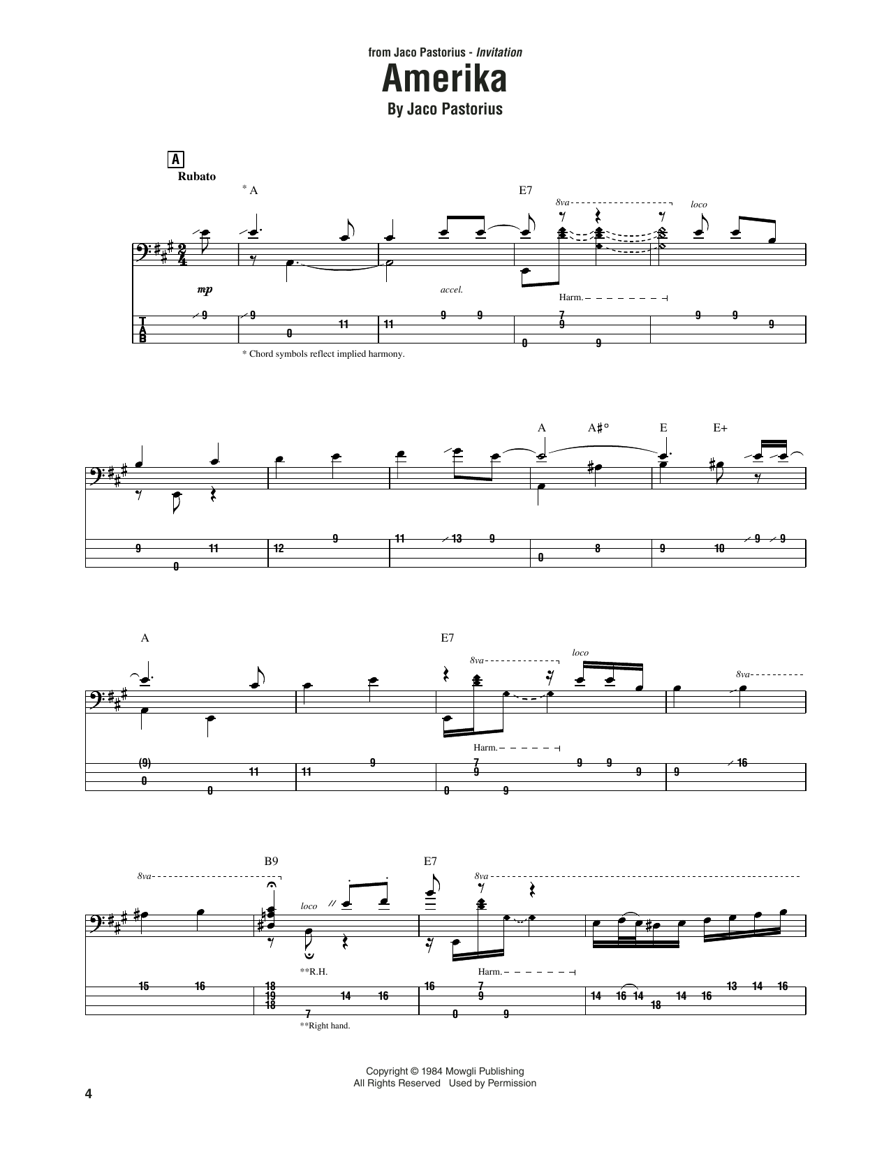 Jaco Pastorius Amerika sheet music notes and chords arranged for Bass Guitar Tab