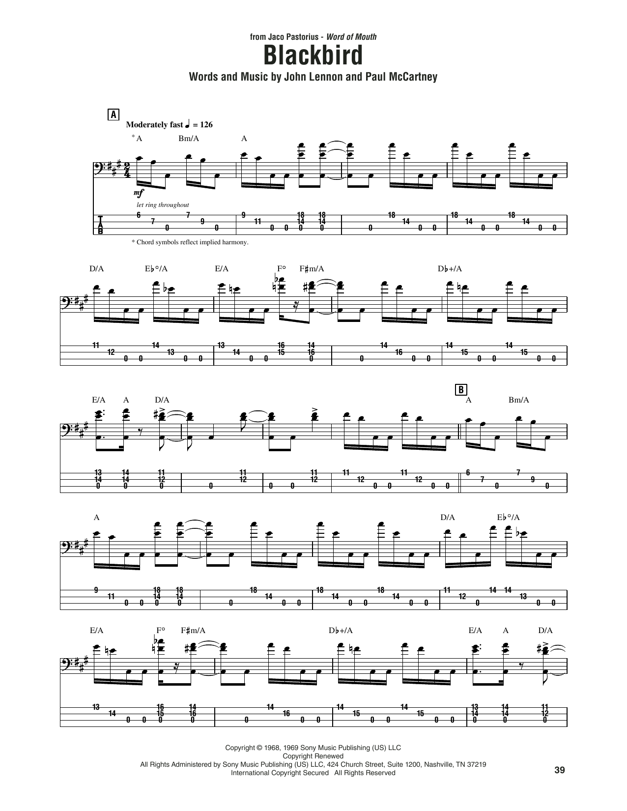 Jaco Pastorius Blackbird sheet music notes and chords arranged for Bass Guitar Tab