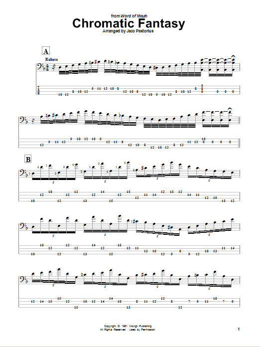 Jaco Pastorius Chromatic Fantasy sheet music notes and chords arranged for Bass Guitar Tab