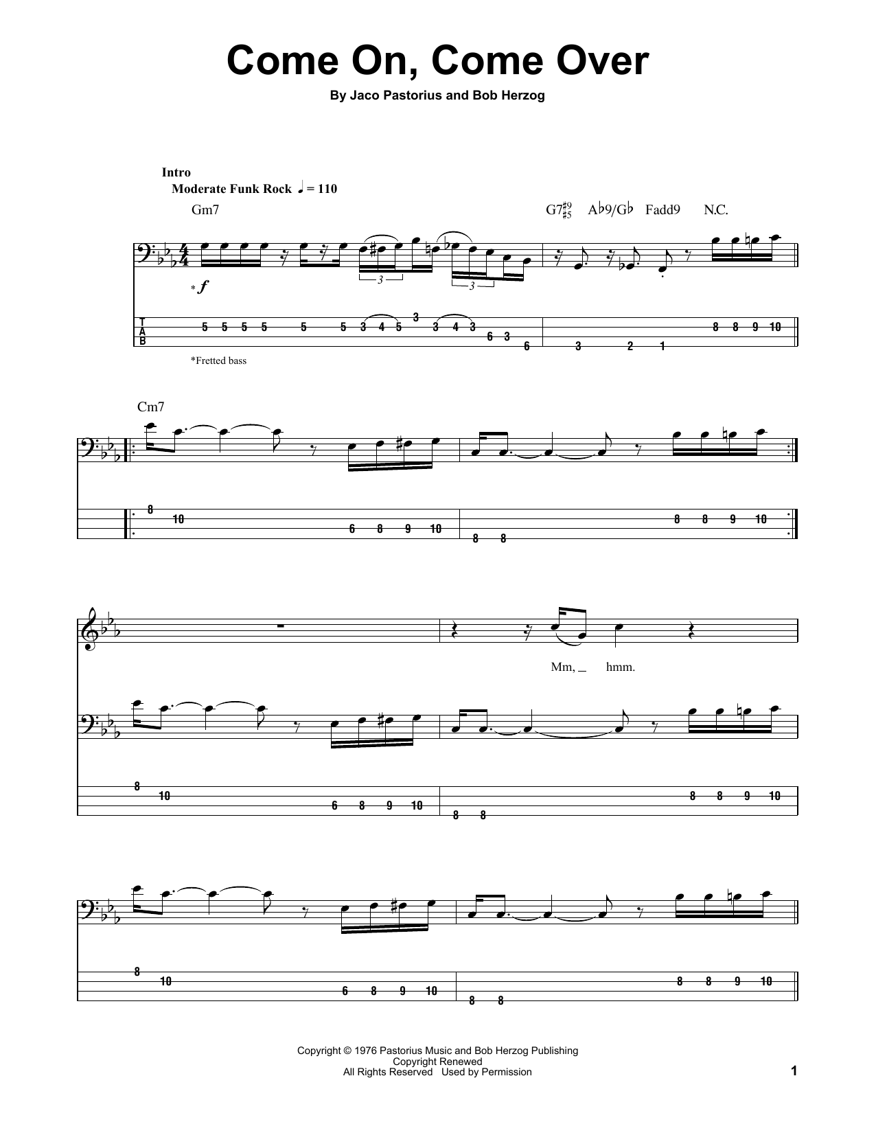 Jaco Pastorius Come On, Come Over sheet music notes and chords arranged for Bass Guitar Tab
