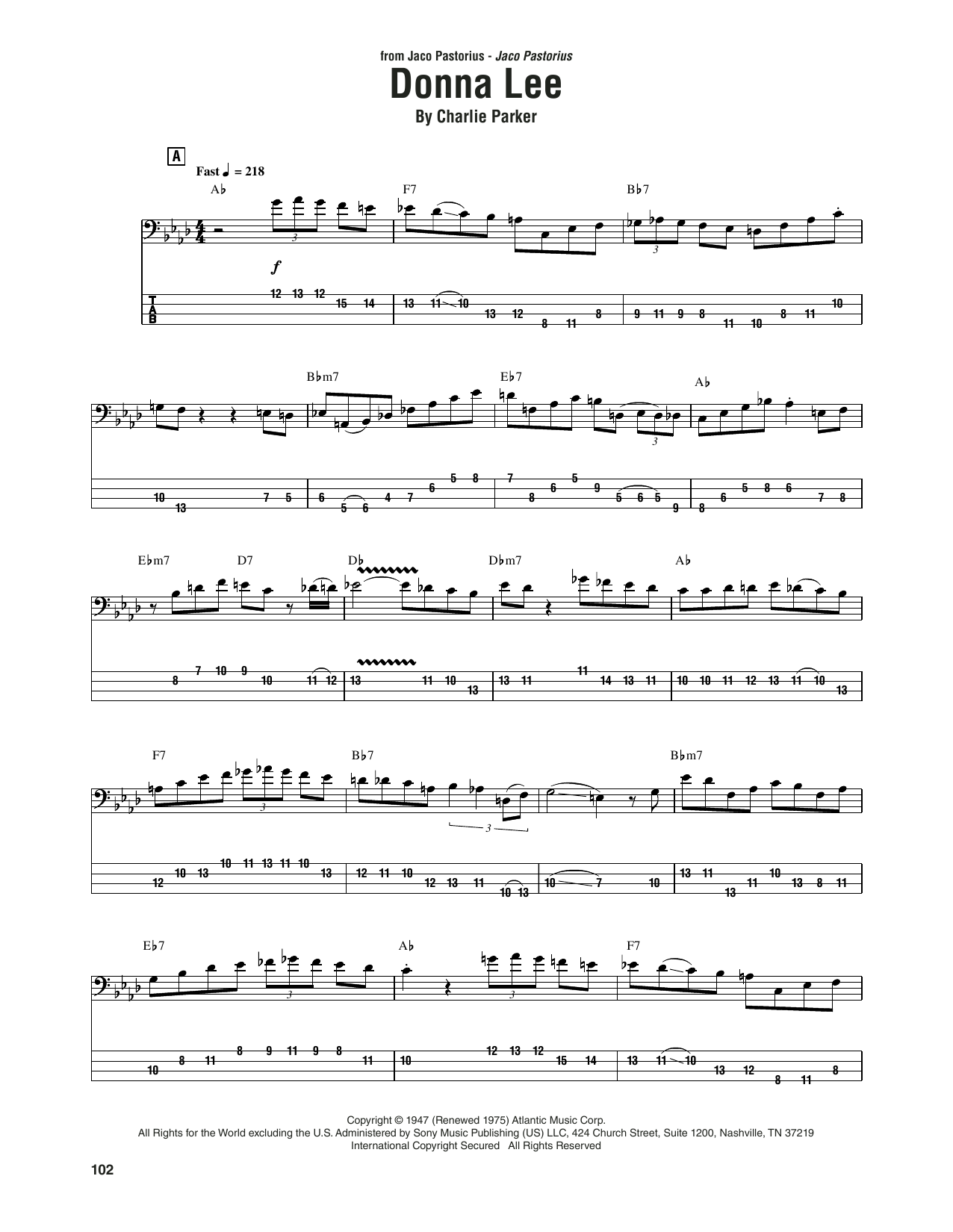 Jaco Pastorius Donna Lee sheet music notes and chords arranged for Bass Guitar Tab