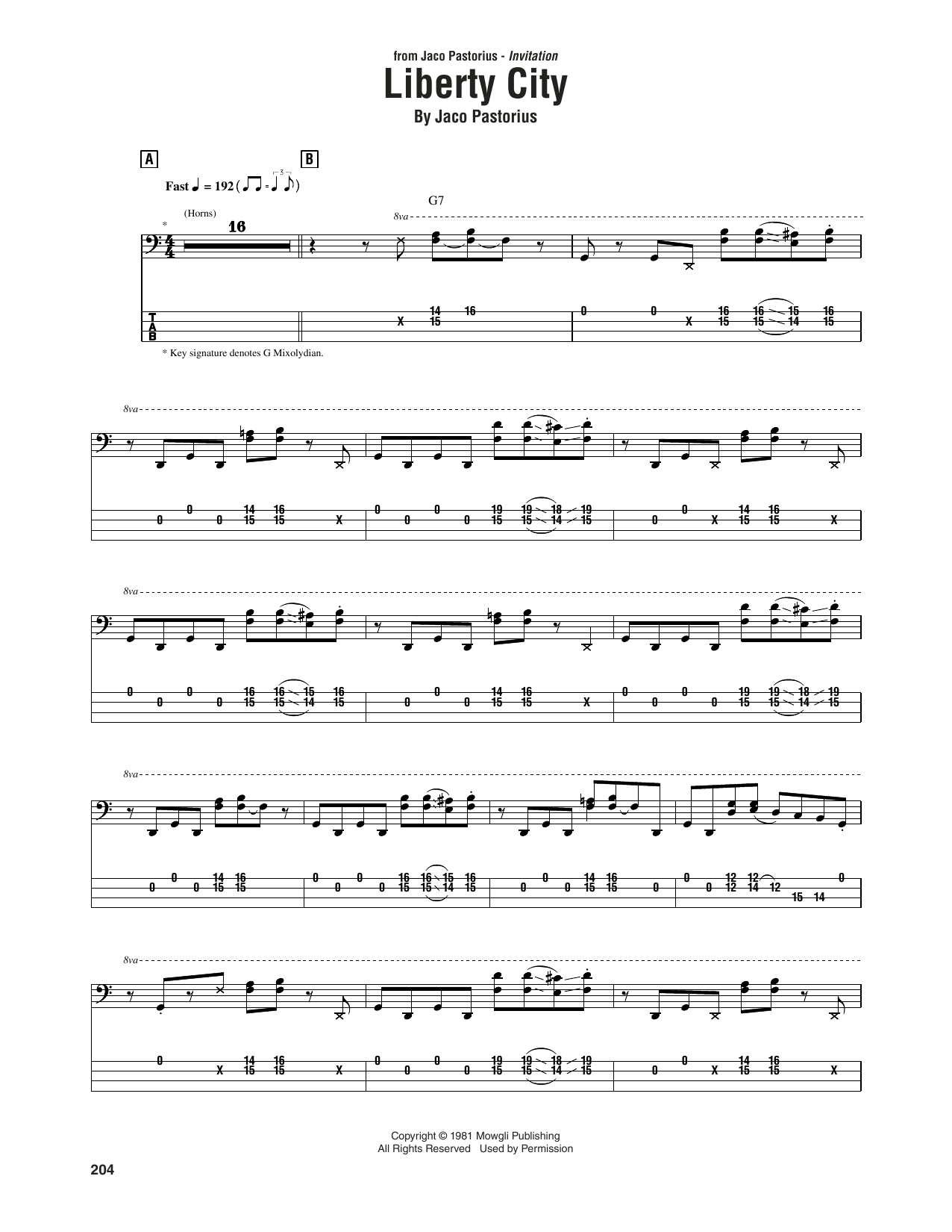 Jaco Pastorius Liberty City sheet music notes and chords arranged for Bass Guitar Tab