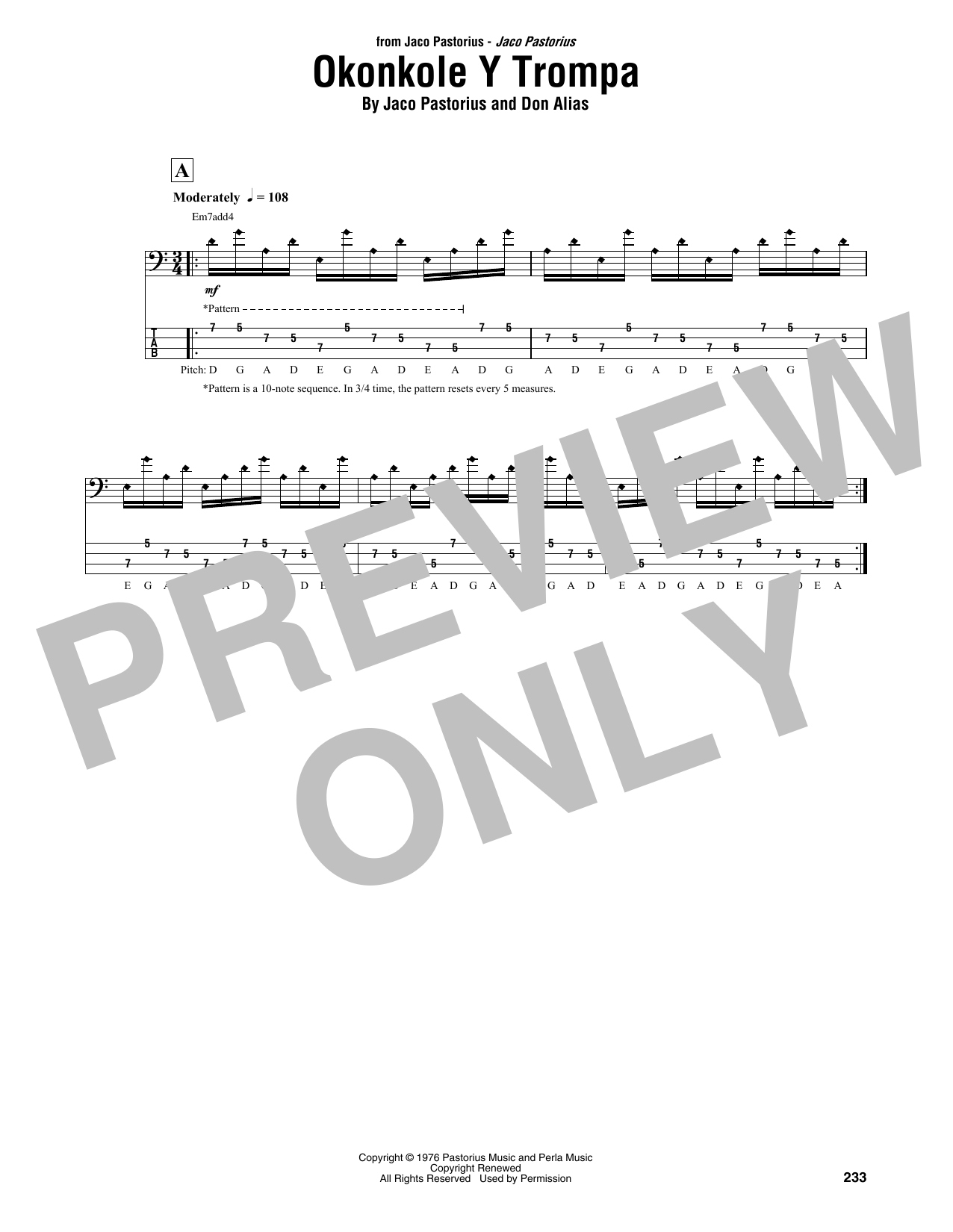 Jaco Pastorius Okonkole Y Trompa sheet music notes and chords arranged for Bass Guitar Tab