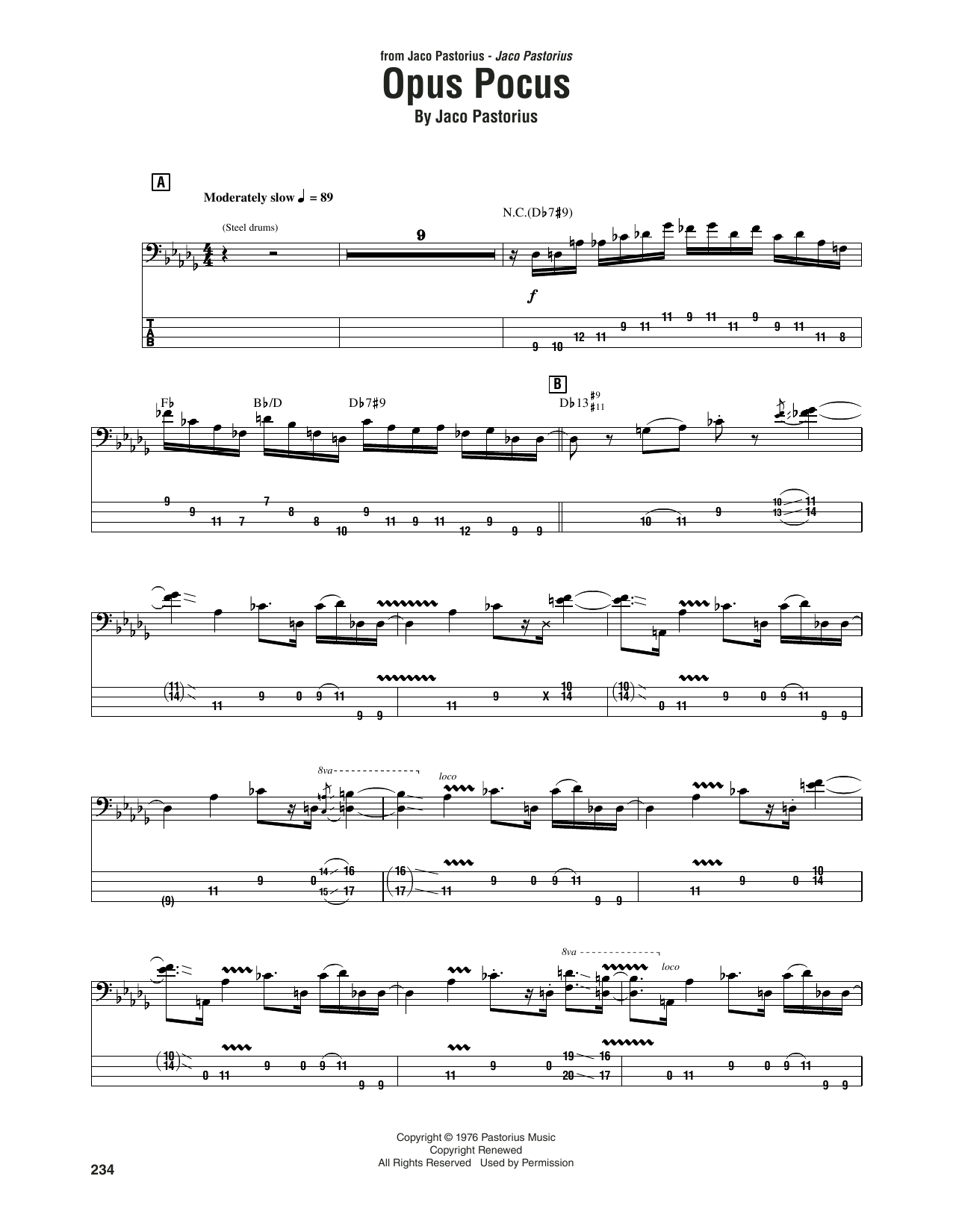 Jaco Pastorius Opus Pocus sheet music notes and chords arranged for Bass Guitar Tab