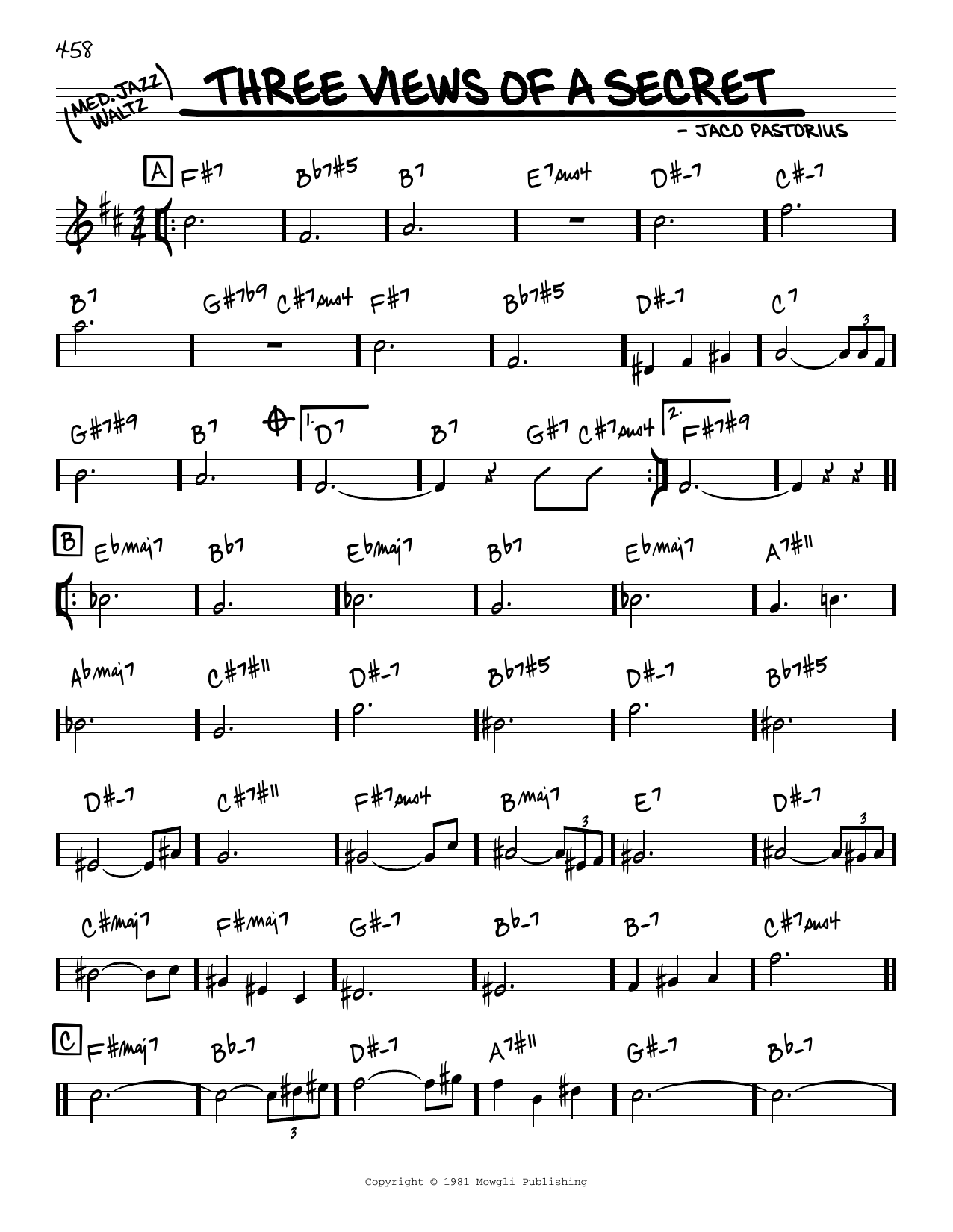 Jaco Pastorius Three Views Of A Secret sheet music notes and chords arranged for Bass Guitar Tab