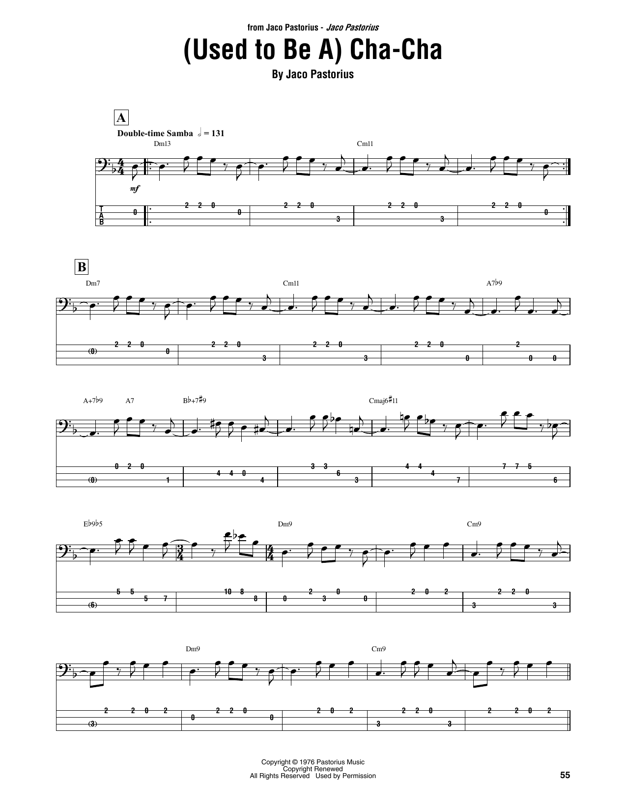 Jaco Pastorius (Used To Be A) Cha Cha sheet music notes and chords arranged for Bass Guitar Tab