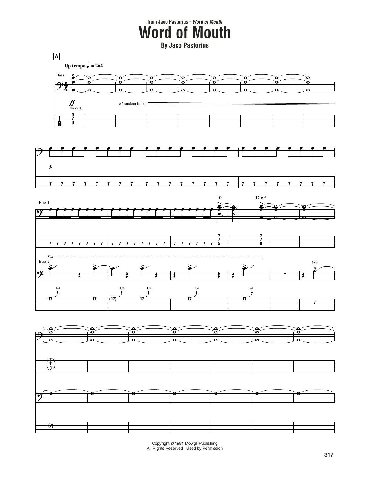 Jaco Pastorius Word Of Mouth sheet music notes and chords arranged for Bass Guitar Tab