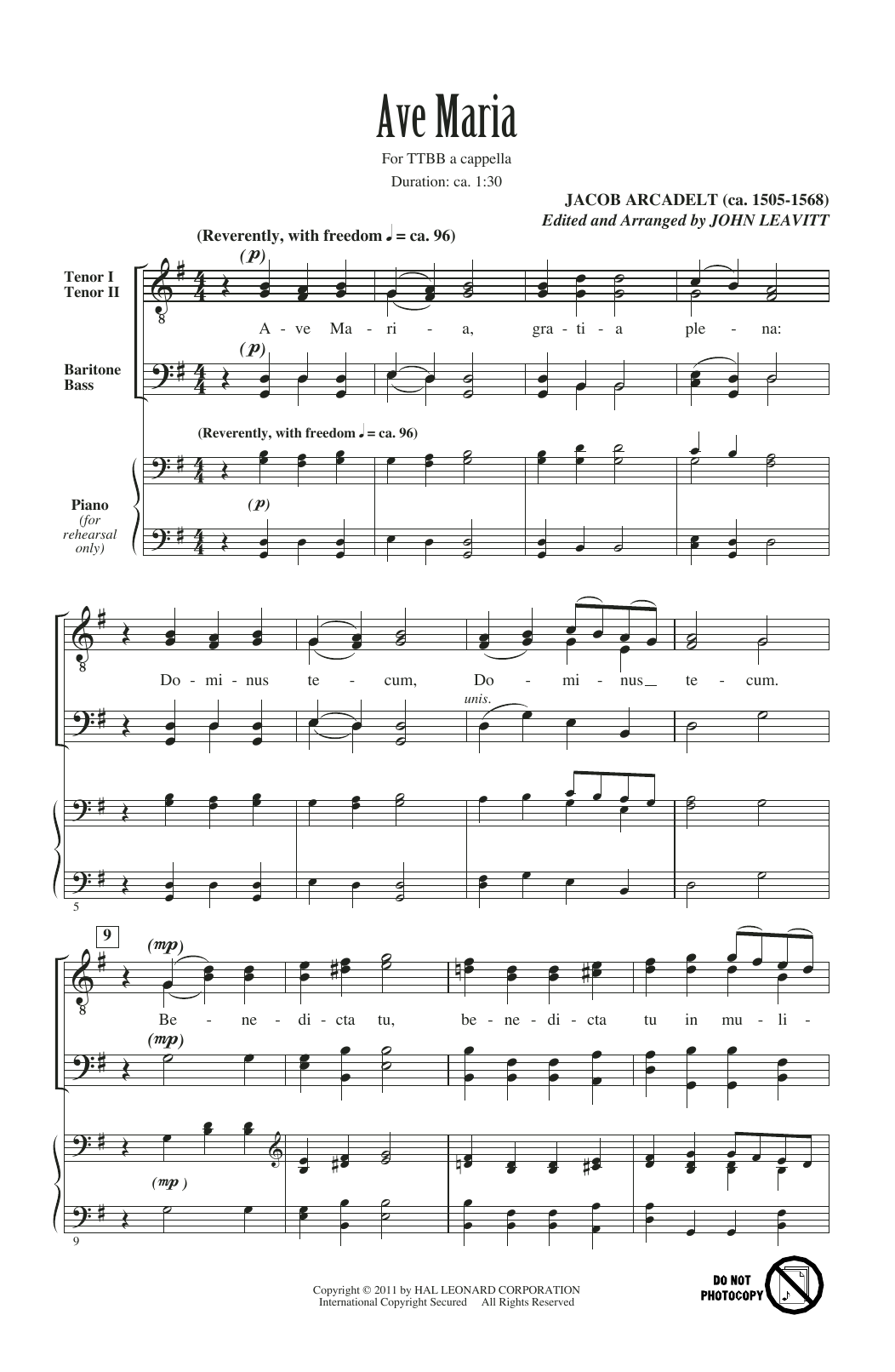 Jacob Arcadelt Ave Maria (arr. John Leavitt) sheet music notes and chords arranged for TTBB Choir