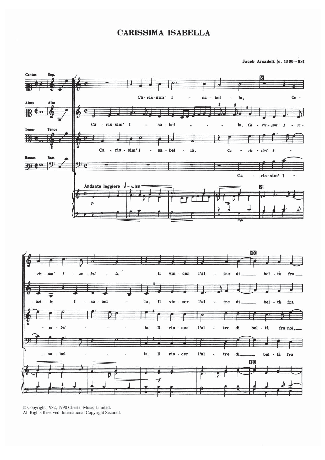 Jacob Arcadelt Carissima Isabella sheet music notes and chords arranged for Choir