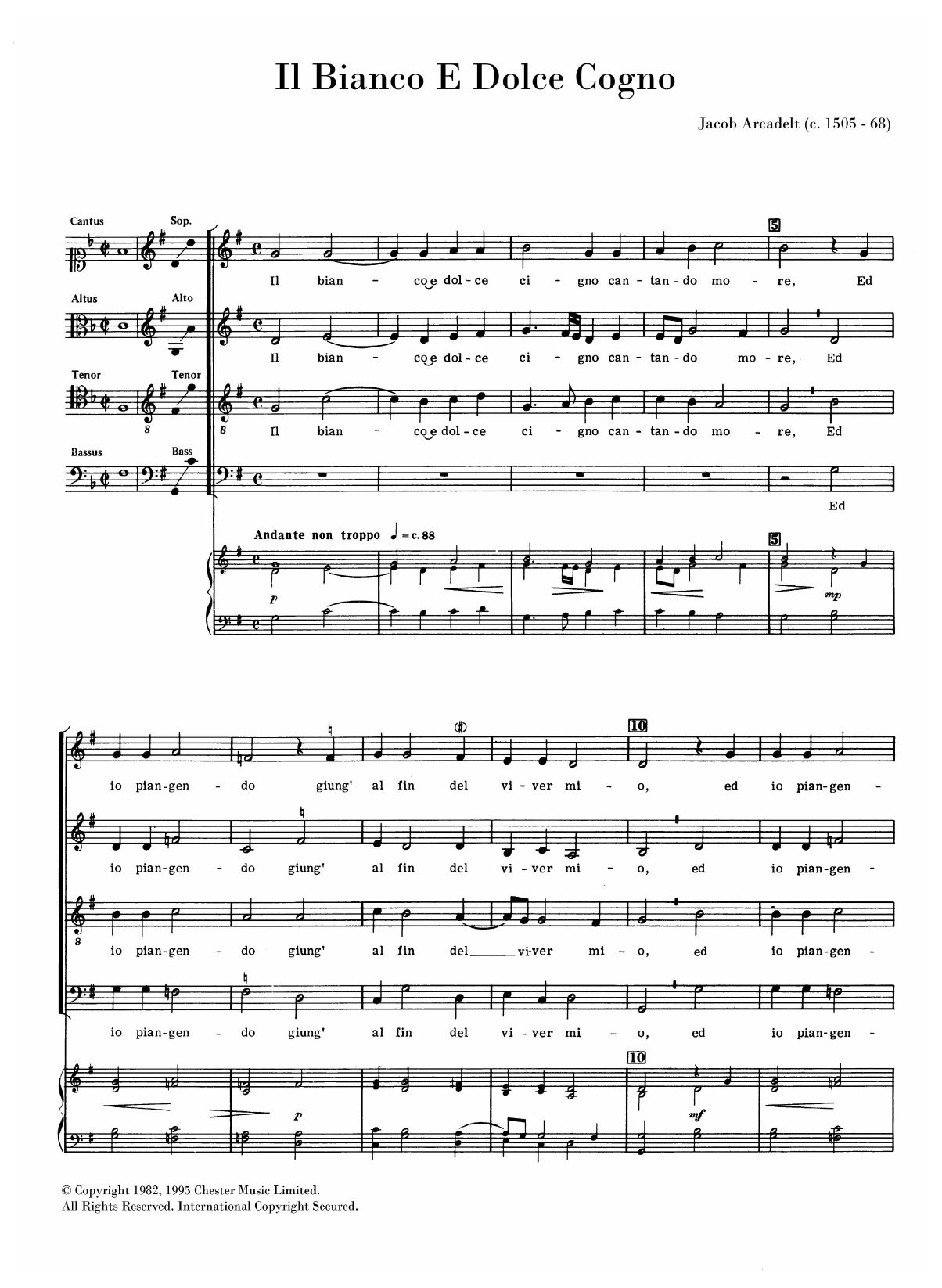 Jacob Arcadelt Il Bianco E Dolce Cigno sheet music notes and chords arranged for SATB Choir