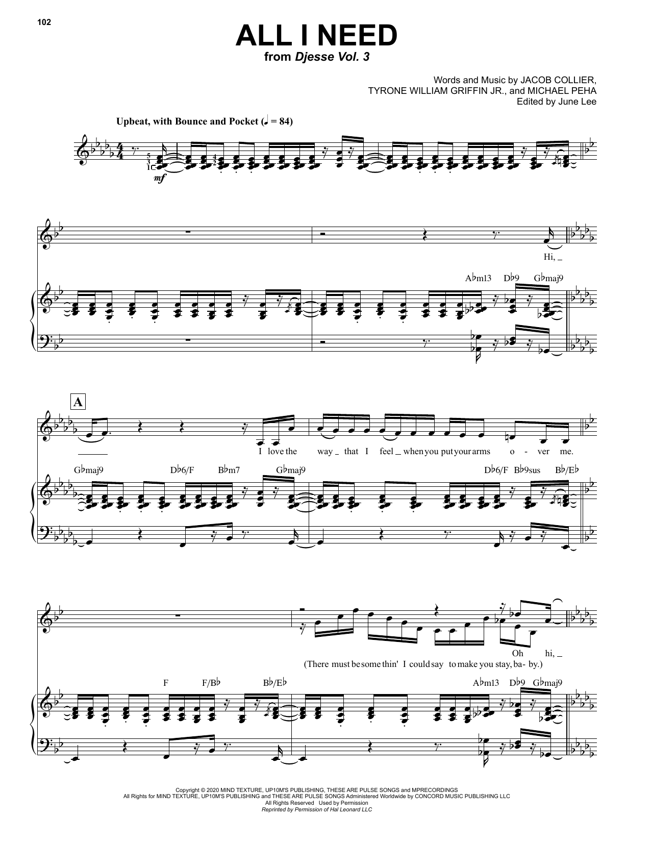 Jacob Collier All I Need (with Mahalia & Ty Dolla $ign) sheet music notes and chords arranged for Piano & Vocal
