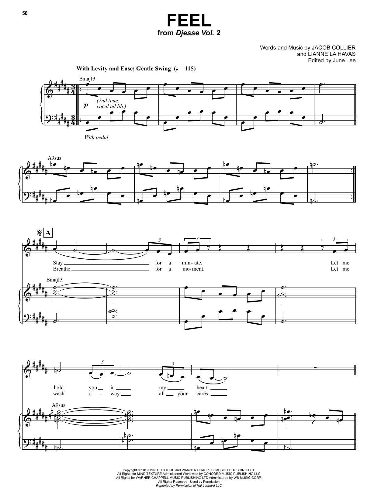 Jacob Collier Feel (feat. Lianne La Havas) sheet music notes and chords arranged for Piano & Vocal