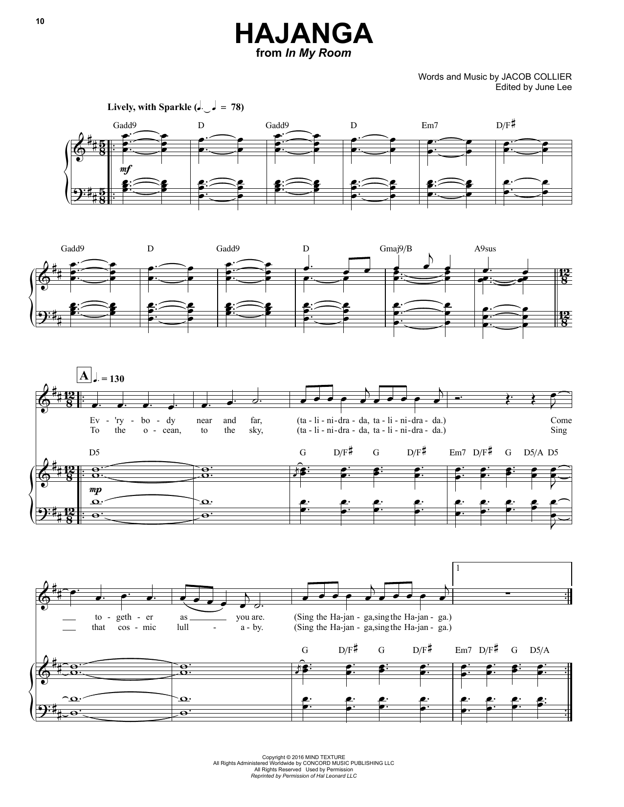 Jacob Collier Hajanga sheet music notes and chords arranged for Piano & Vocal