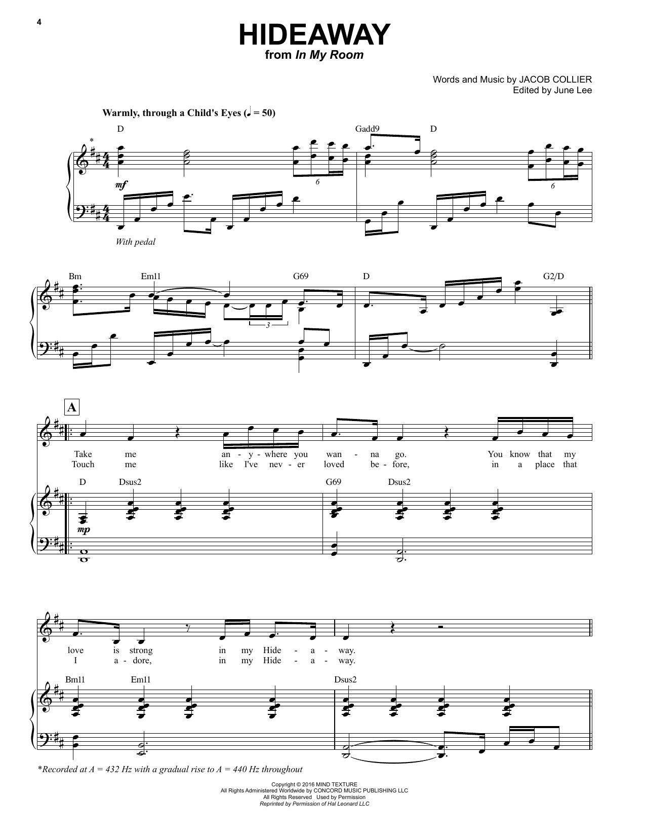 Jacob Collier Hideaway sheet music notes and chords arranged for Piano & Vocal