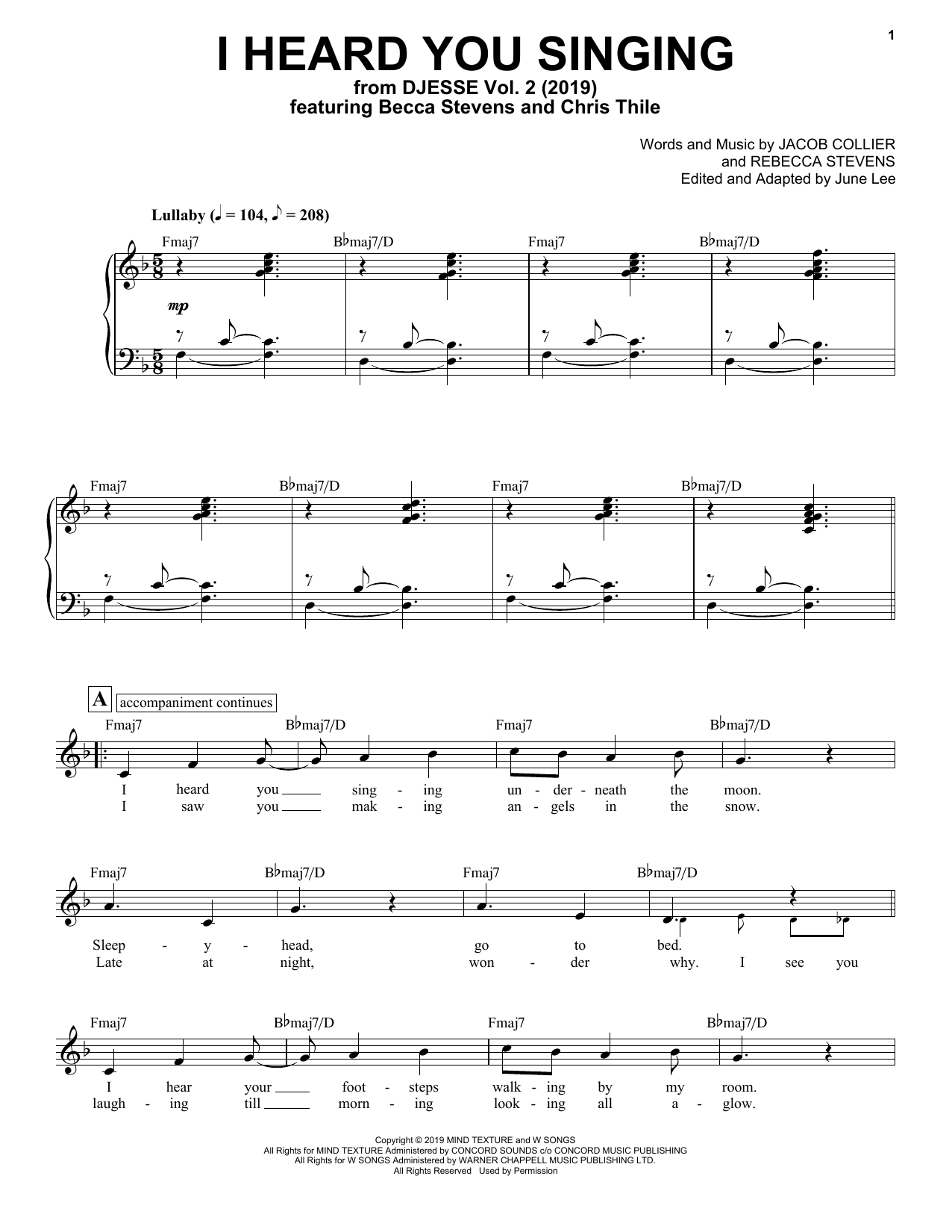Jacob Collier I Heard You Singing (feat. Becca Stevens & Chris Thile) sheet music notes and chords arranged for Piano & Vocal