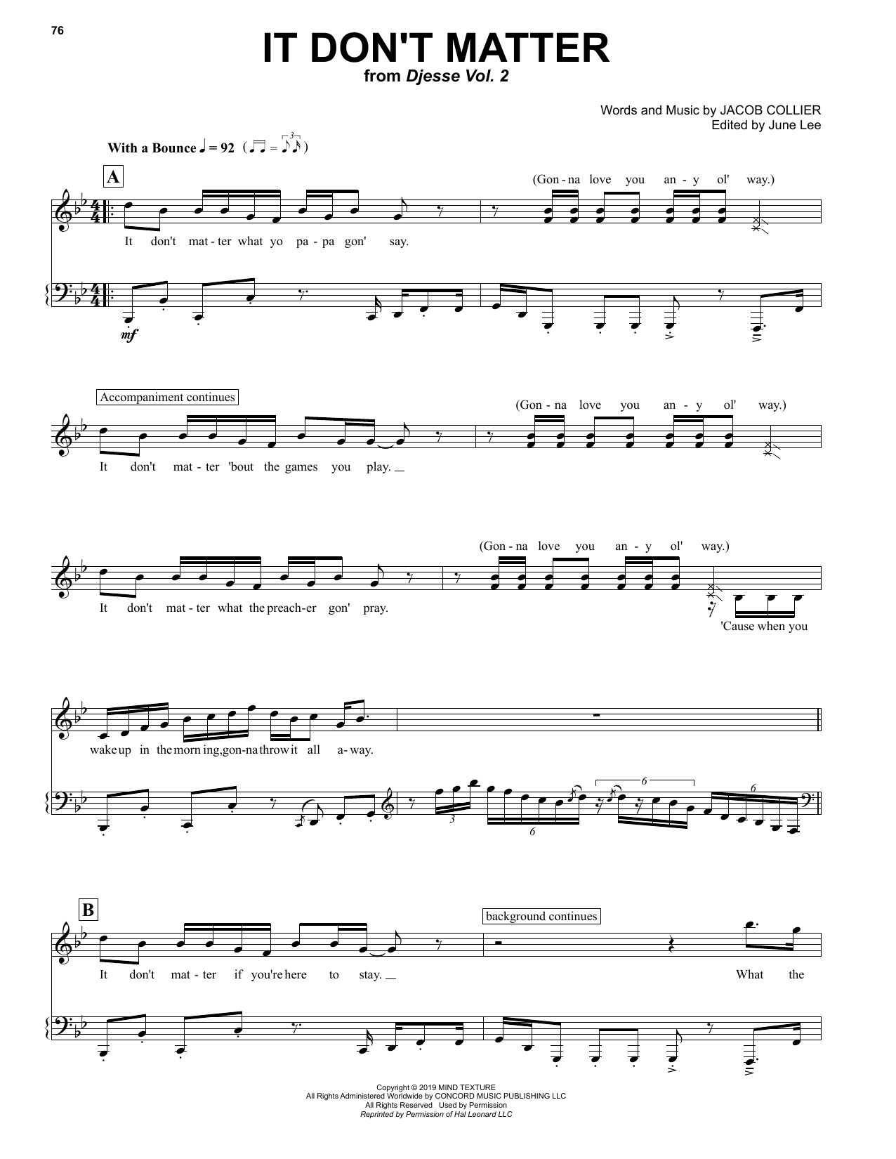Jacob Collier It Don't Matter (feat. JoJo) sheet music notes and chords arranged for Piano & Vocal