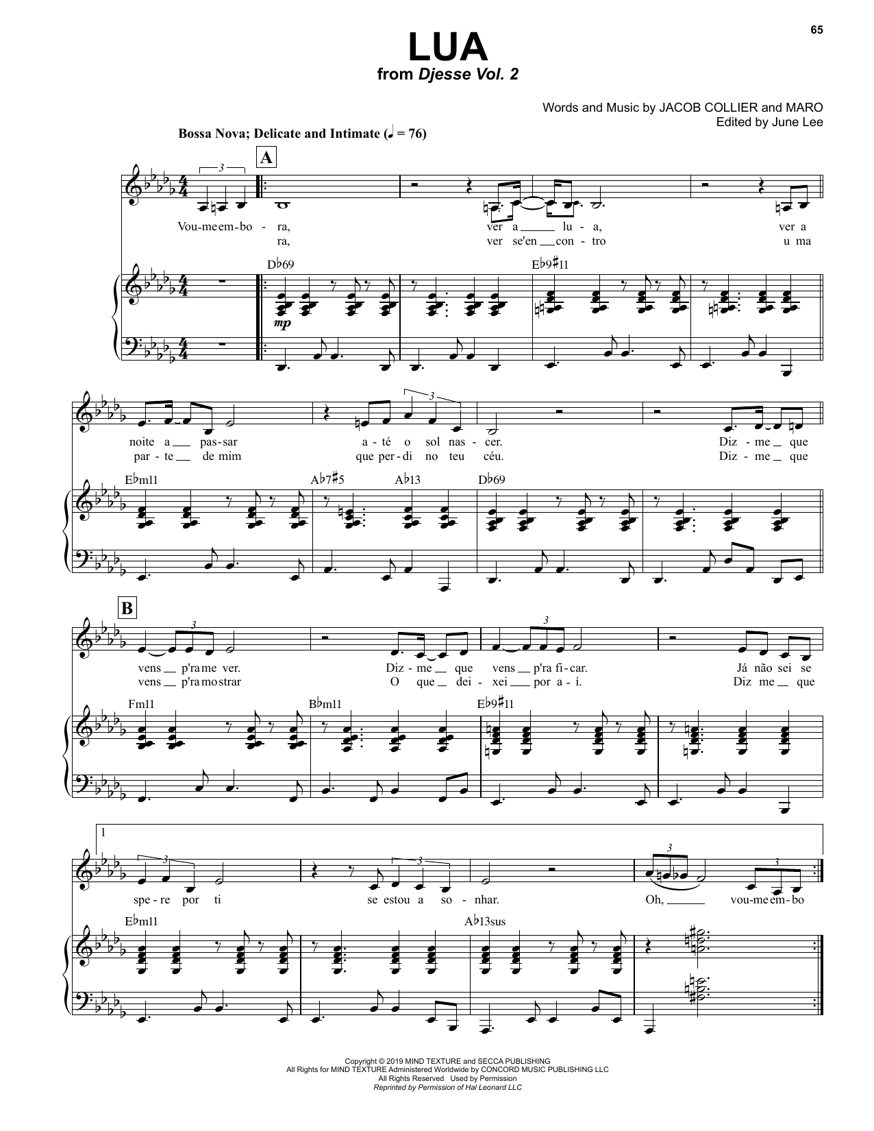 Jacob Collier Lua (feat. MARO) sheet music notes and chords arranged for Piano & Vocal