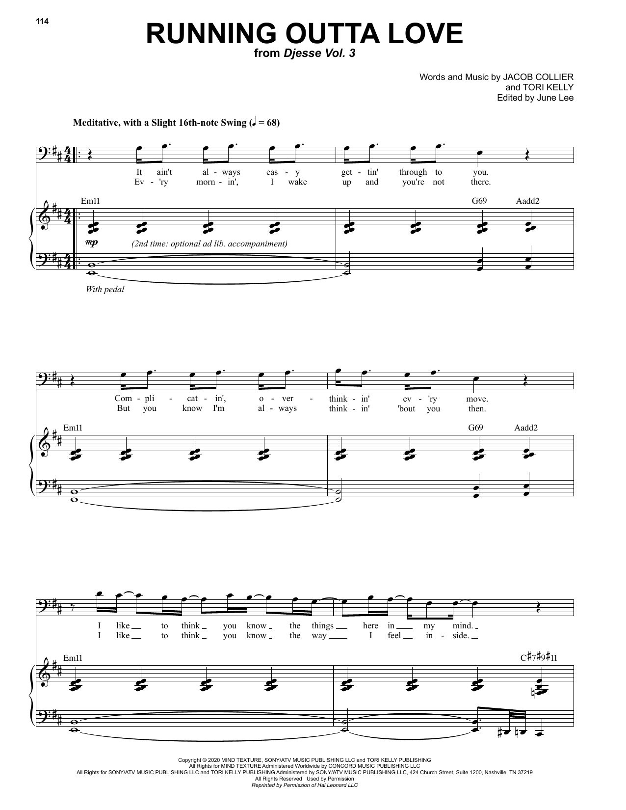Jacob Collier Running Outta Love (feat. Tori Kelly) sheet music notes and chords arranged for Piano & Vocal
