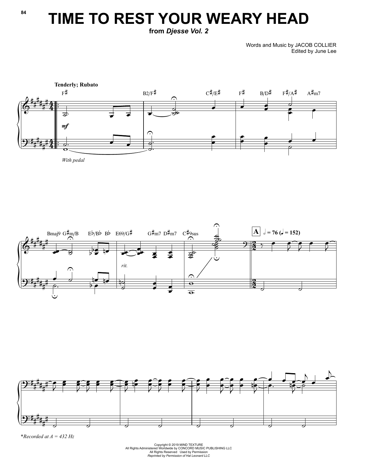 Jacob Collier Time To Rest Your Weary Head sheet music notes and chords arranged for Piano & Vocal