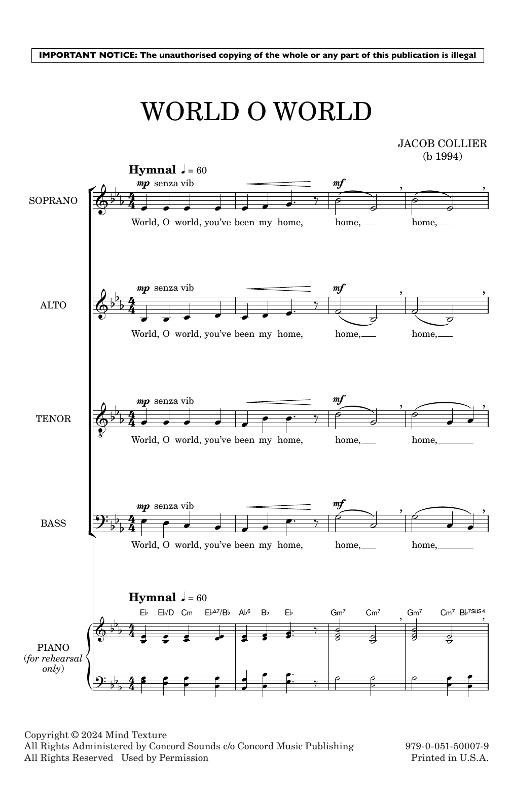 Jacob Collier World O World sheet music notes and chords arranged for Choir
