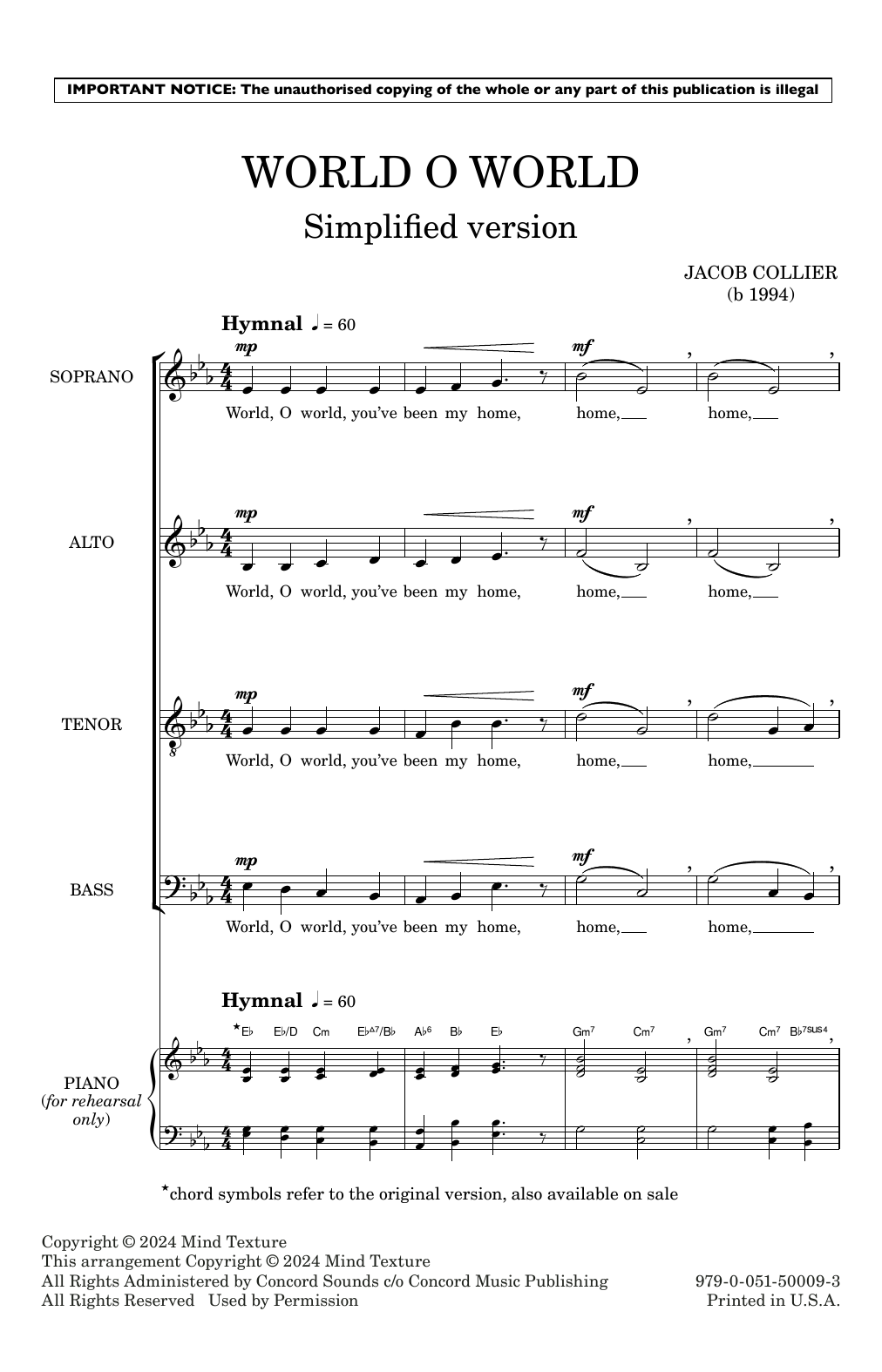 Jacob Collier World O World (Simplified version) sheet music notes and chords arranged for Choir