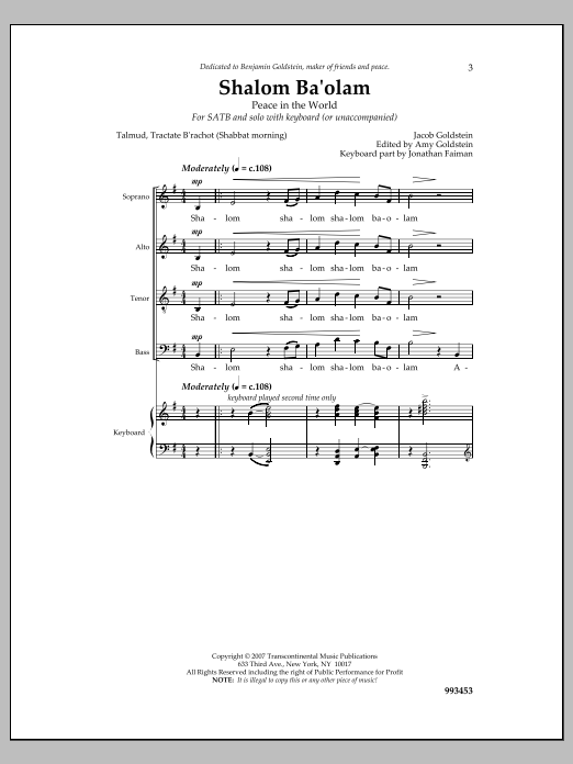 Jacob Goldstein Shalom Ba'olam sheet music notes and chords arranged for SATB Choir