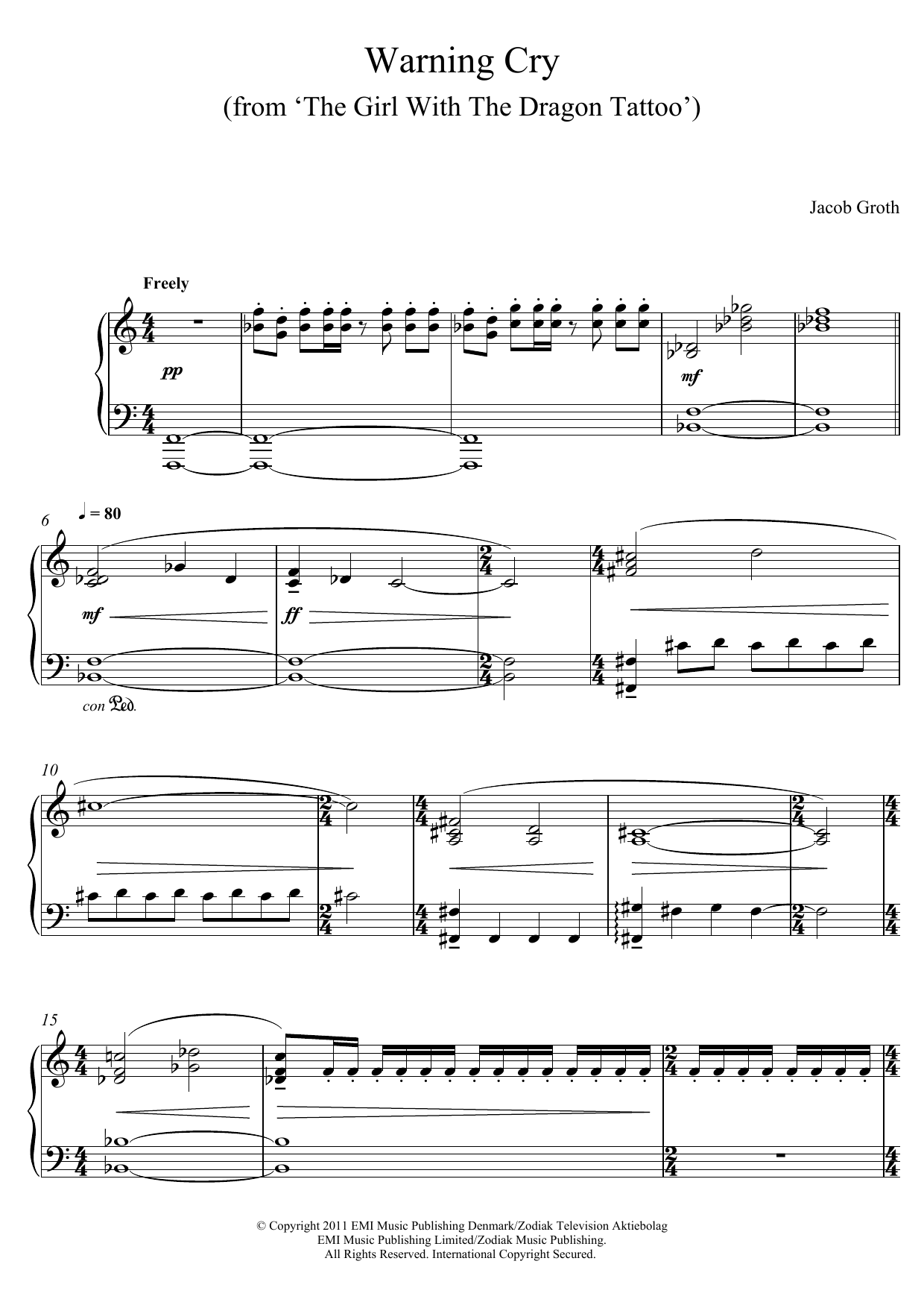 Jacob Groth Warning Cry (From 'The Girl With A Dragon Tattoo') sheet music notes and chords arranged for Piano Solo