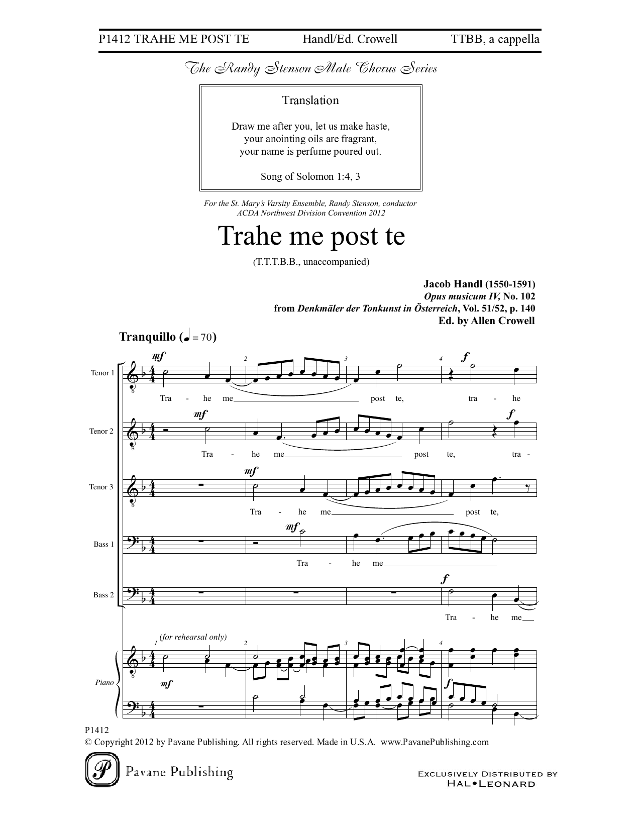 Jacob Handl Trahe me post te sheet music notes and chords arranged for Choir
