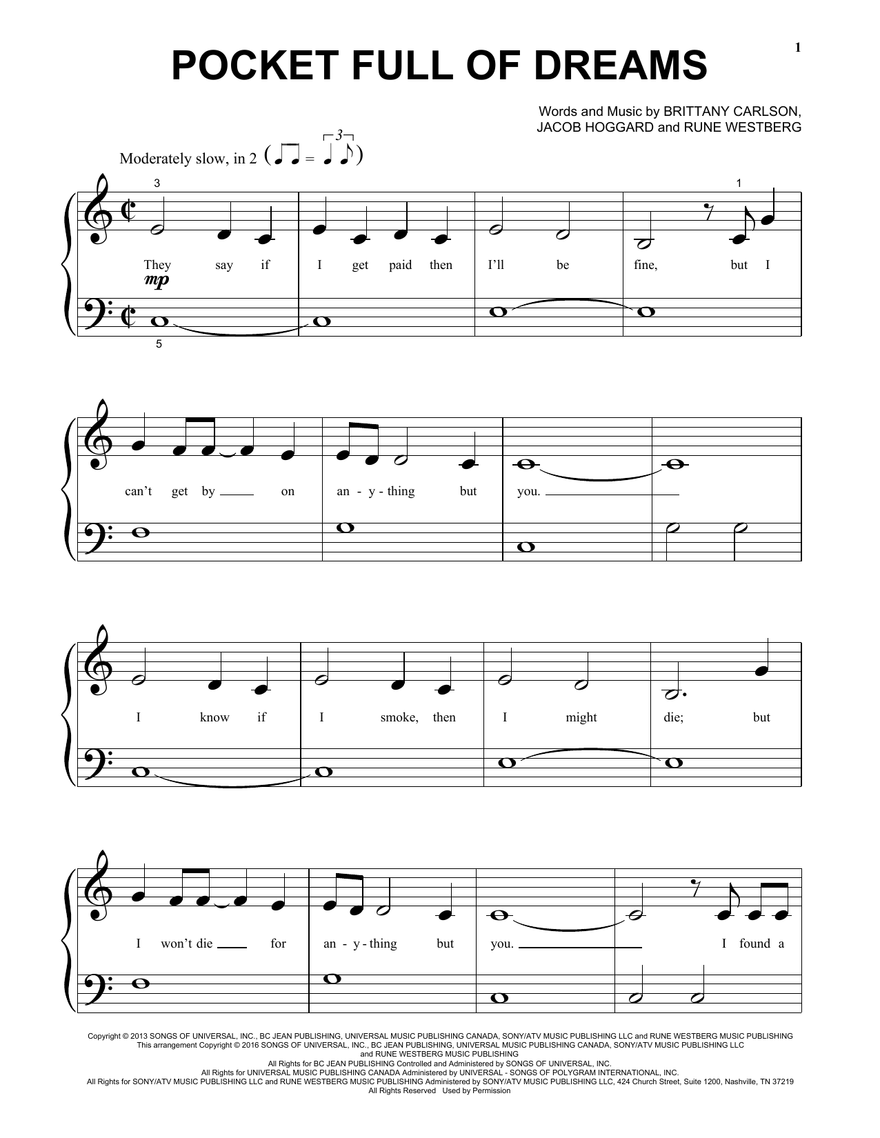 Hedley Pocket Full Of Dreams sheet music notes and chords arranged for Big Note Piano