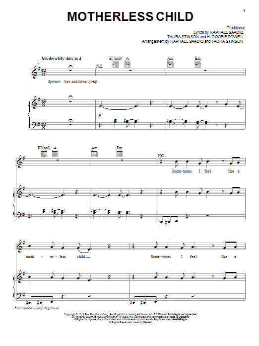 Jacob Latimore Motherless Child sheet music notes and chords arranged for Piano, Vocal & Guitar Chords (Right-Hand Melody)