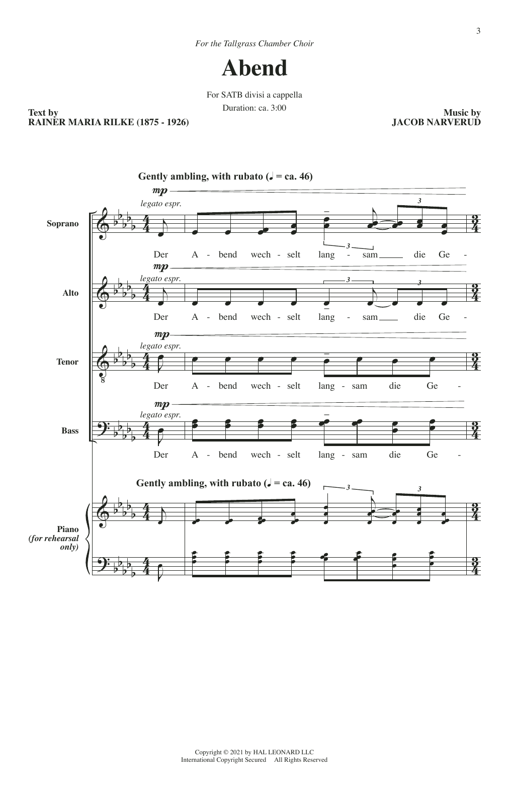 Jacob Narverud Abend sheet music notes and chords arranged for SATB Choir