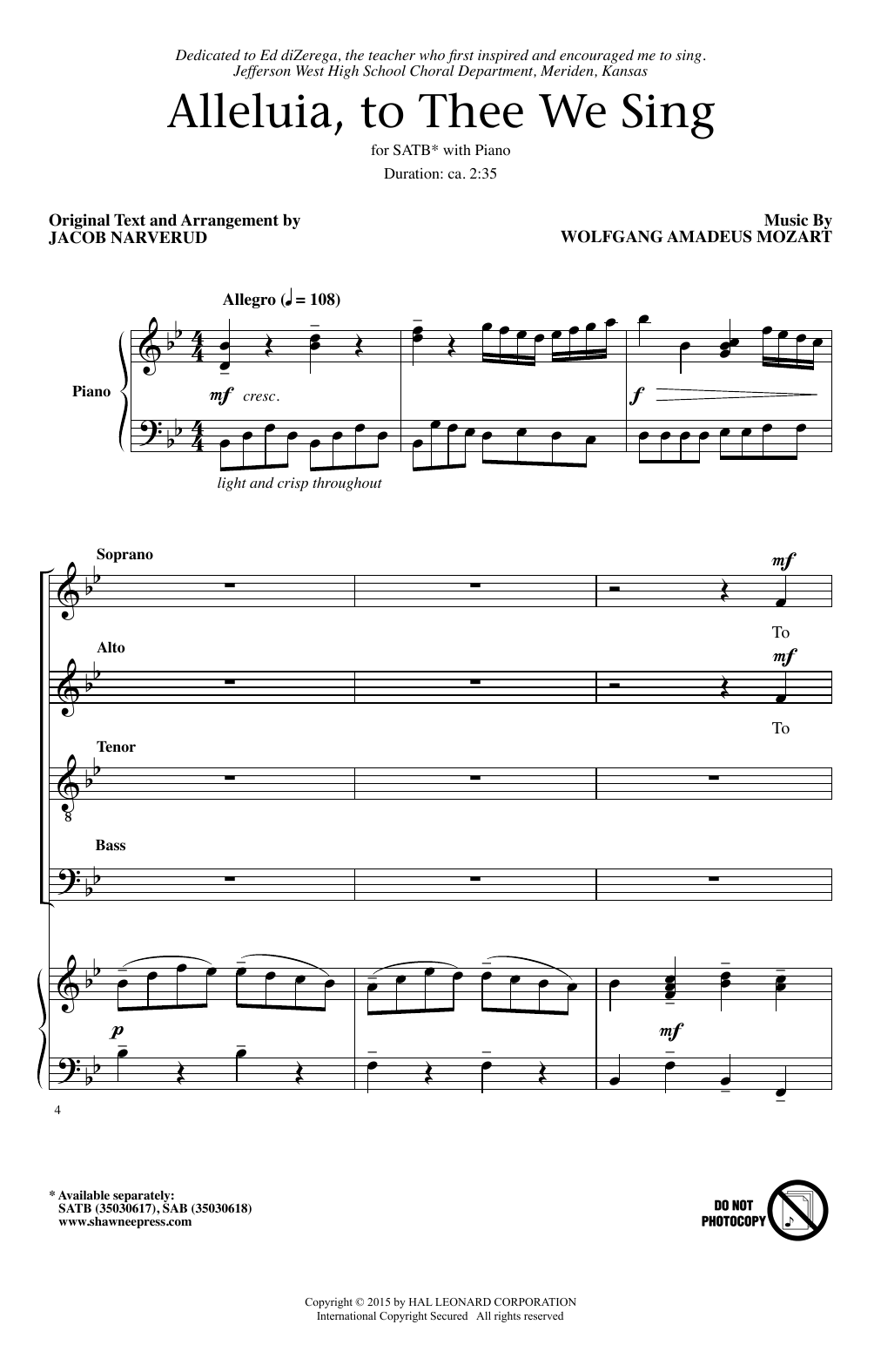 Jacob Narverud Alleluia, To Thee We Sing sheet music notes and chords arranged for SAB Choir