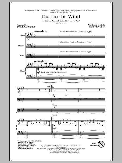 Jacob Narverud Dust In The Wind sheet music notes and chords arranged for TBB Choir