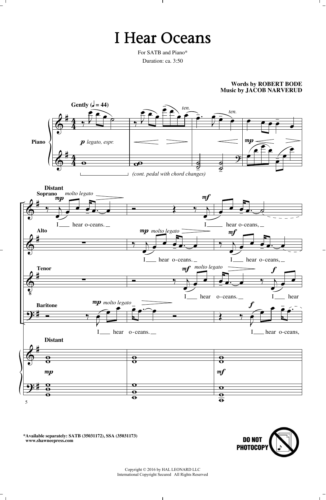 Jacob Narverud I Hear Oceans sheet music notes and chords arranged for SATB Choir