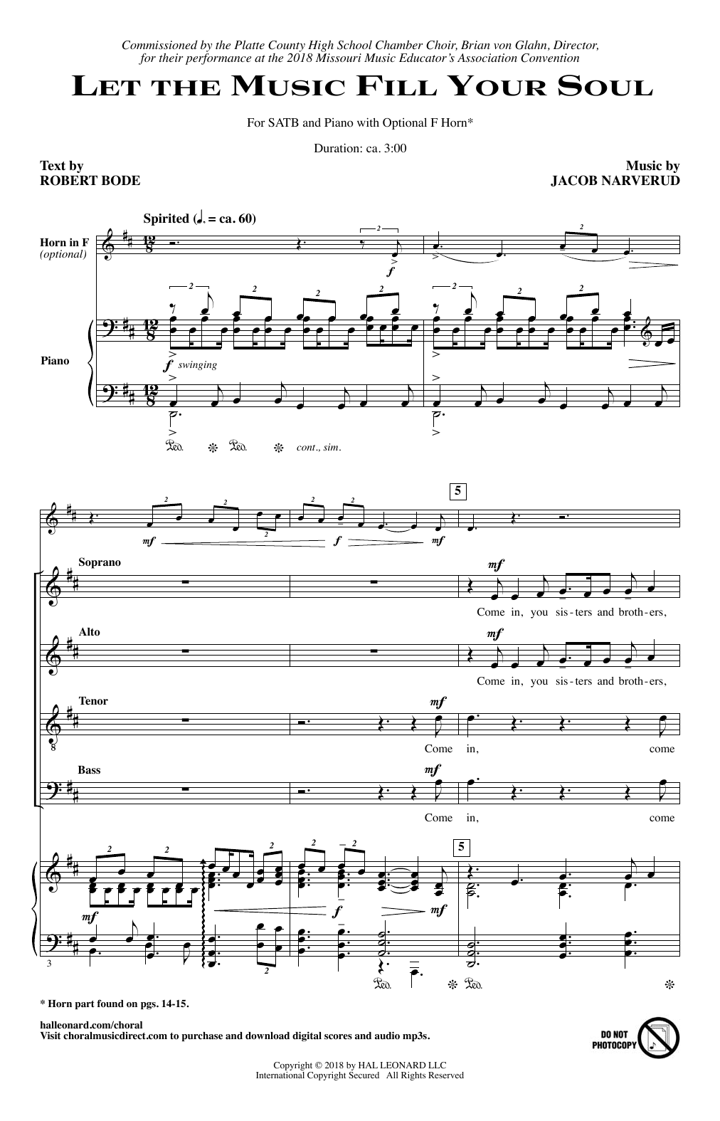 Jacob Narverud Let The Music Fill Your Soul sheet music notes and chords arranged for SATB Choir