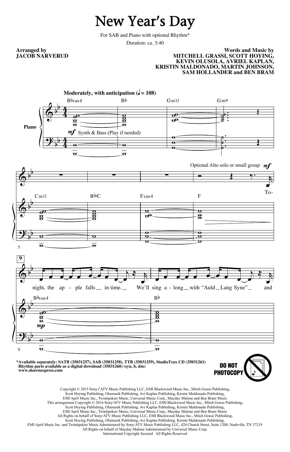 Jacob Narverud New Year's Day sheet music notes and chords arranged for SATB Choir