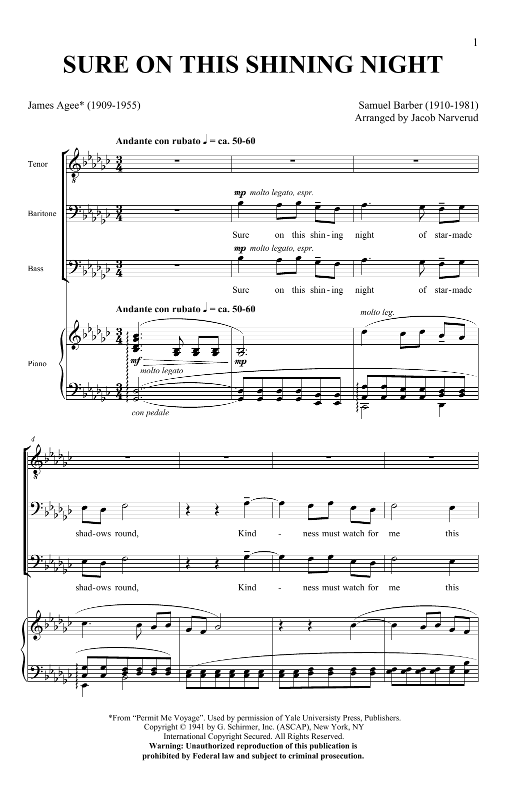 Jacob Narverud Sure On This Shining Night sheet music notes and chords arranged for SSA Choir