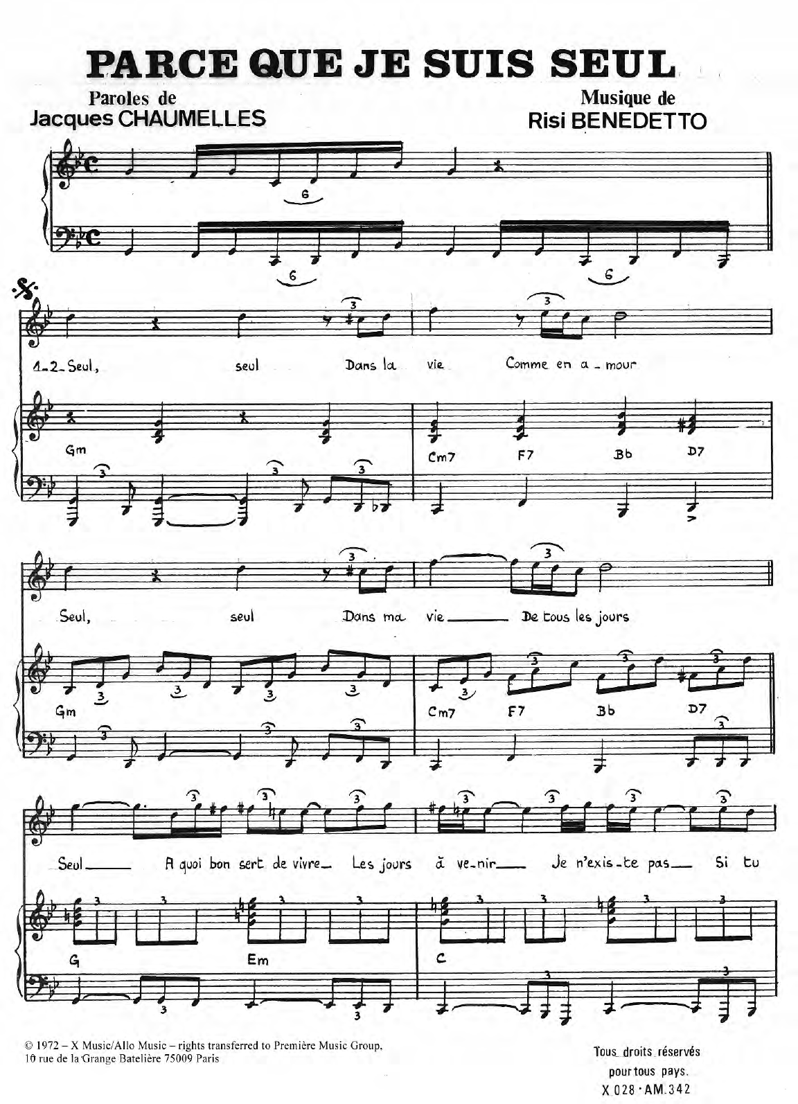 Jacob Parce Que Je Suis Seul sheet music notes and chords arranged for Piano & Vocal
